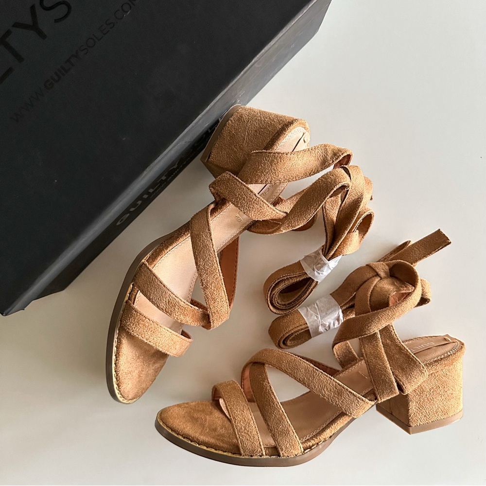 Guilty Soles Lace-Up Block Heels - Tan Suede - Size 8